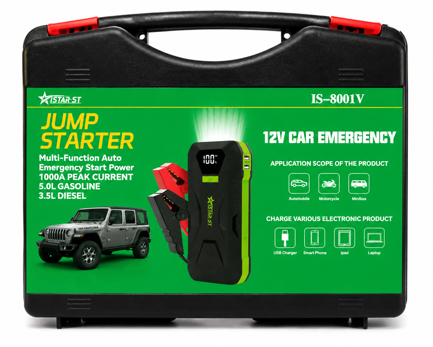 iStar IS-8001V multi-function jump starter kit with 1000A peak current