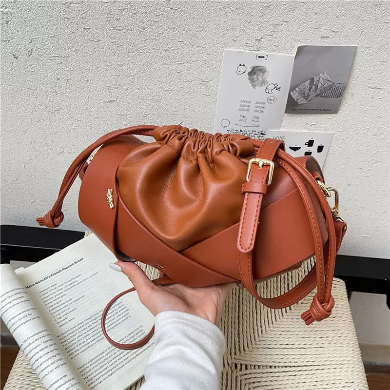 Mini Woven Drawstring Bucket Bag