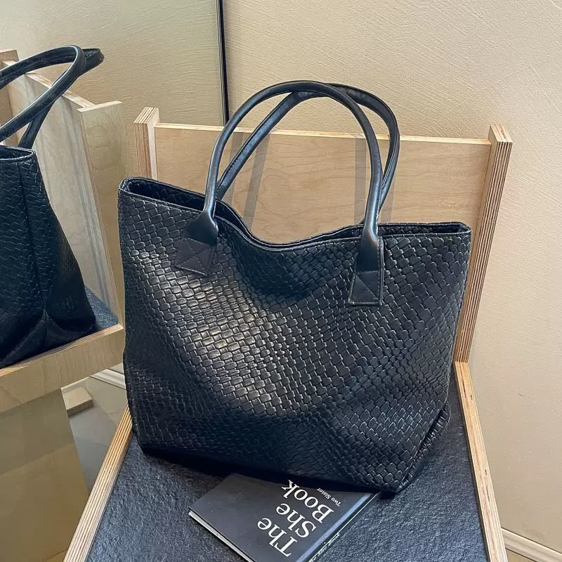 Faux-leather woven-texture tote bag
