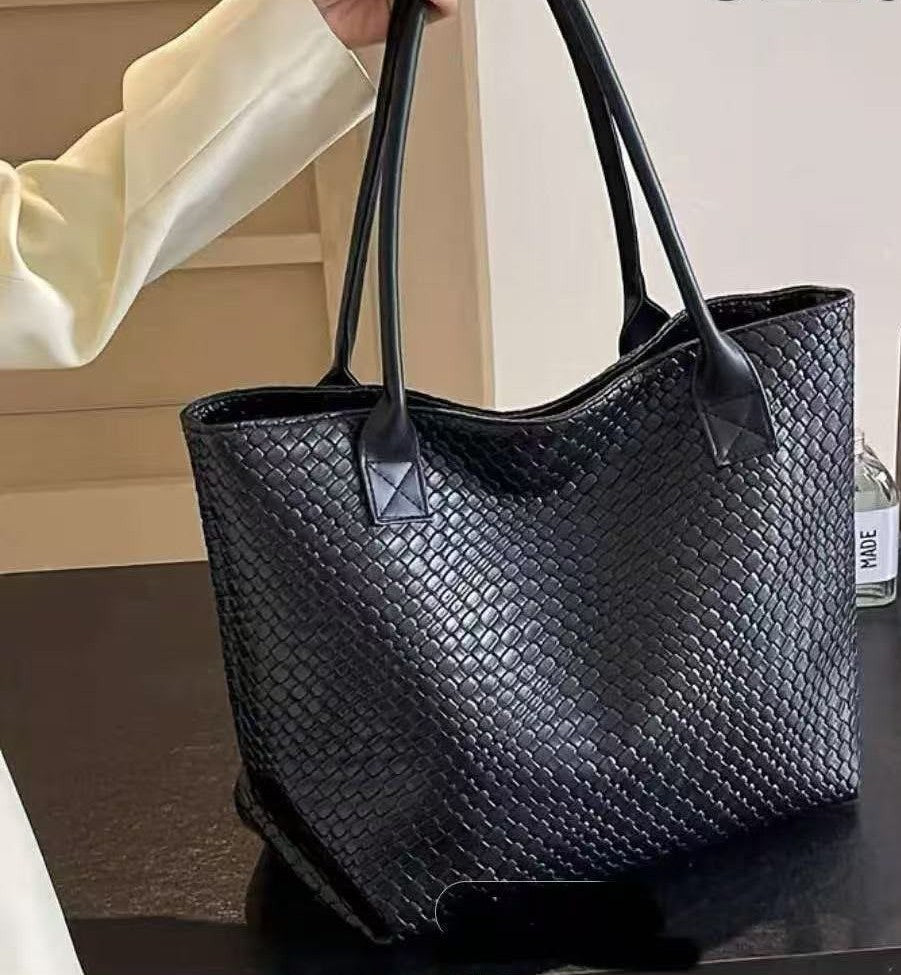 Faux-leather woven-texture tote bag