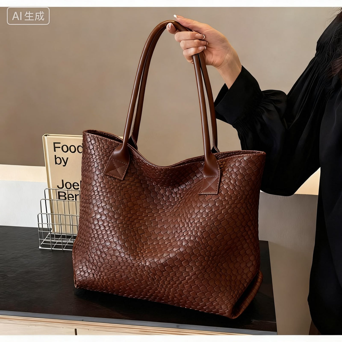 Faux-leather woven-texture tote bag