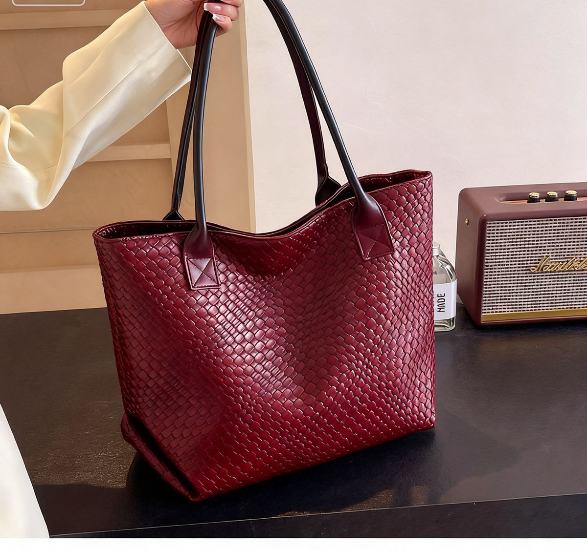 Faux-leather woven-texture tote bag