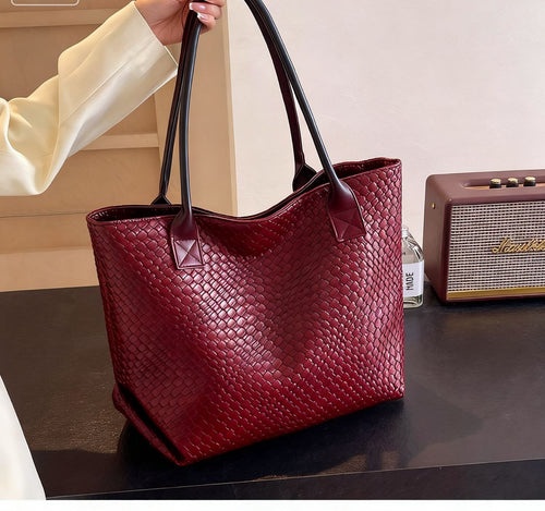 Faux-leather woven-texture tote bag