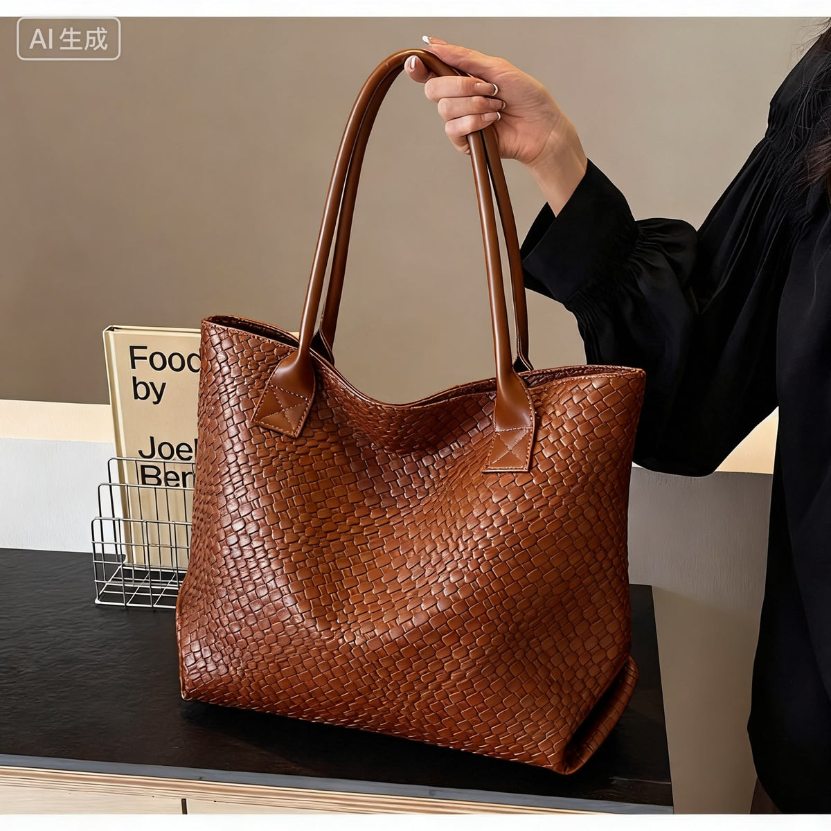 Faux-leather woven-texture tote bag