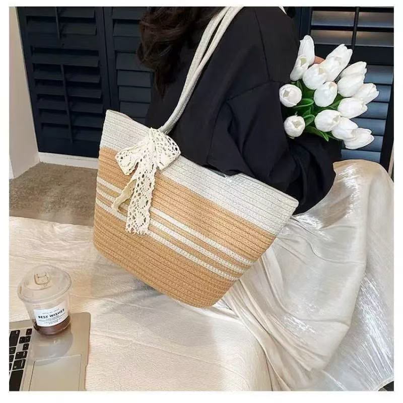 Striped woven straw tote bag