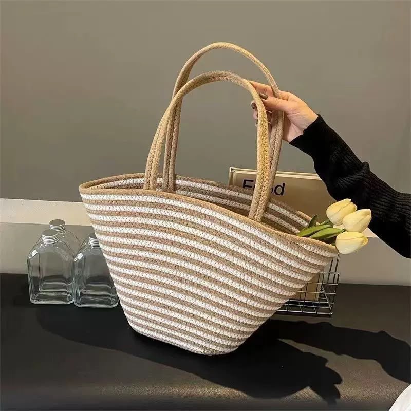 Striped woven straw tote bag