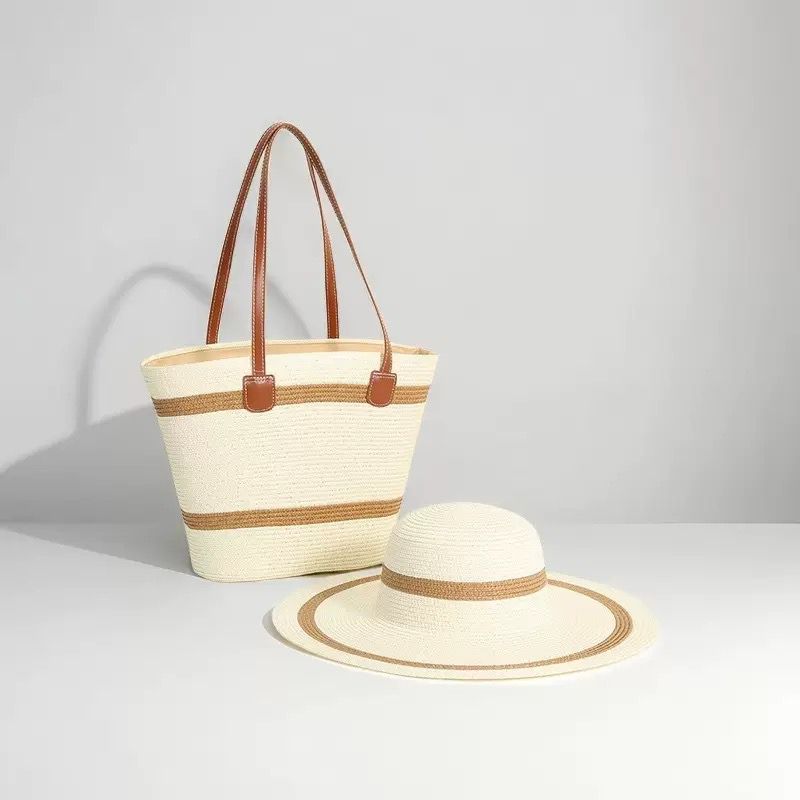 Matching summer straw tote bag and wide brim sun hat set