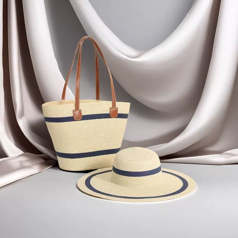 Matching summer straw tote bag and wide brim sun hat set