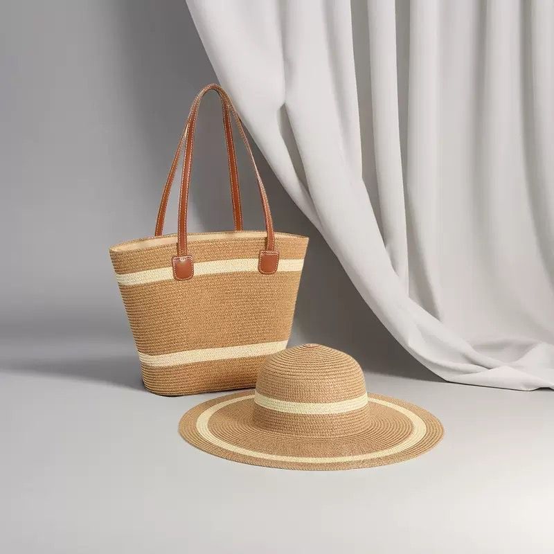 Matching summer straw tote bag and wide brim sun hat set