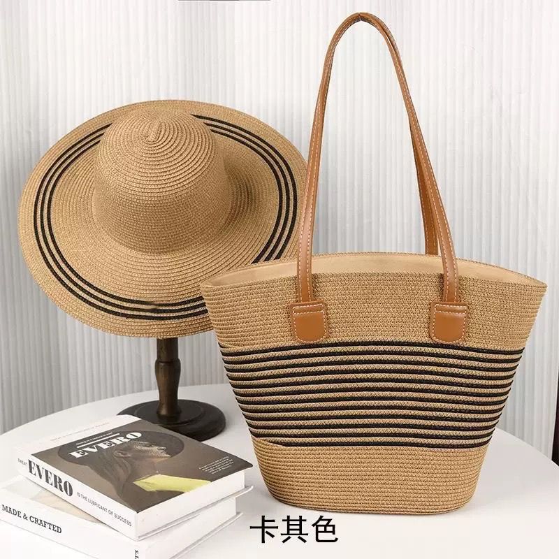 Matching summer straw tote bag and wide brim sun hat set