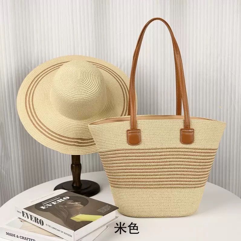 Matching summer straw tote bag and wide brim sun hat set