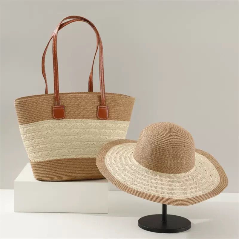 Matching summer straw tote bag and wide brim sun hat set