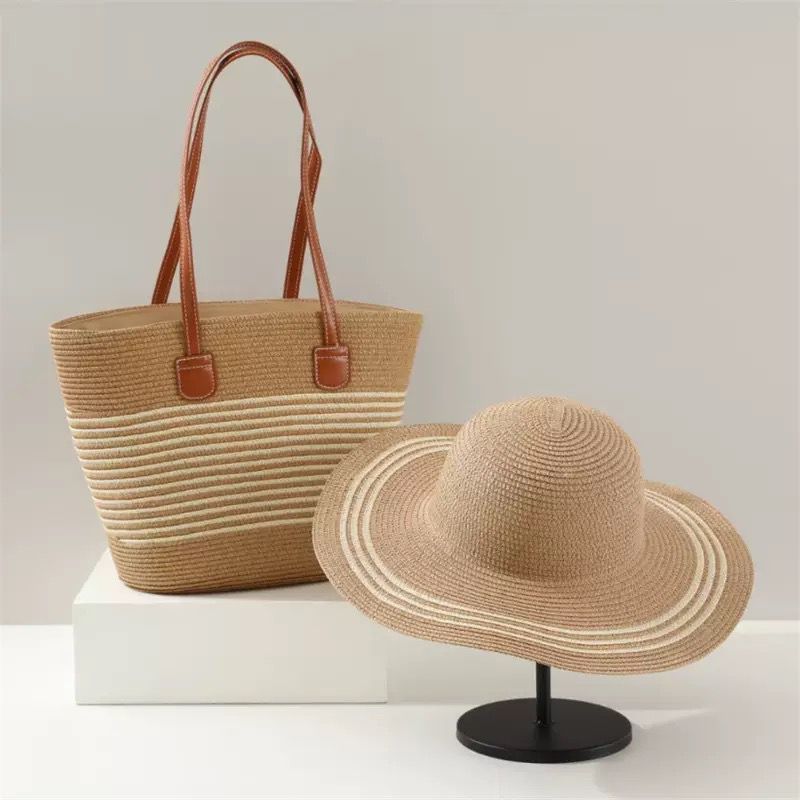 Matching summer straw tote bag and wide brim sun hat set